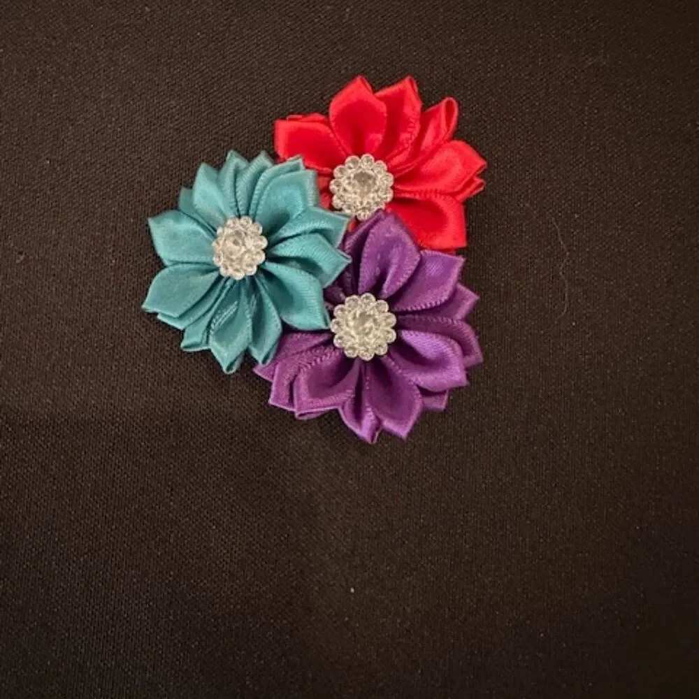 Purple, Red & Teal Flower Trio Bow  7245  Handmade NWT Boutique